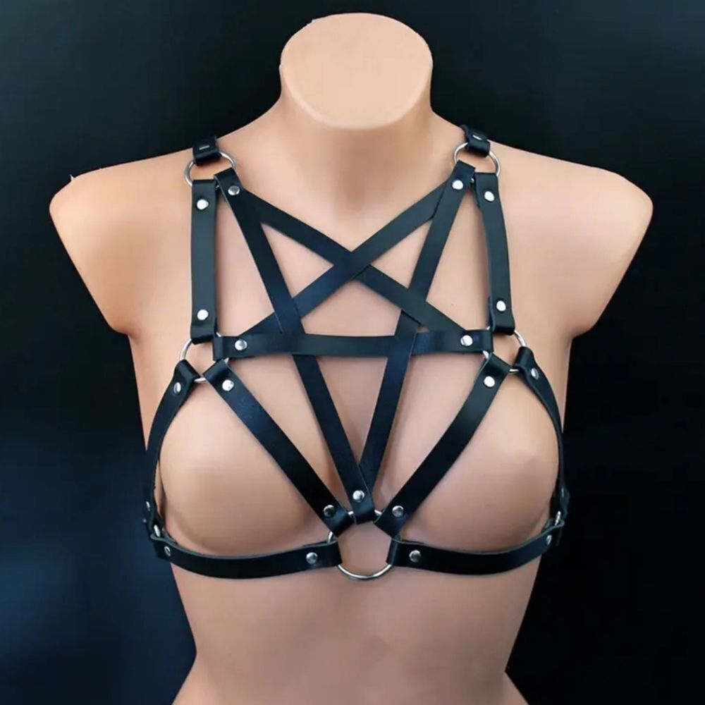 Black Pentagon Goth Leather Strappy Harness #9